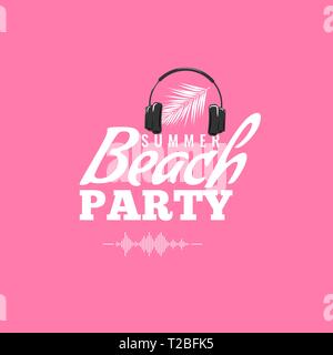 Happy Summer Party Logo with headphone and sound wave icon. Dj concert poster. Vector illustration. Stock Vector