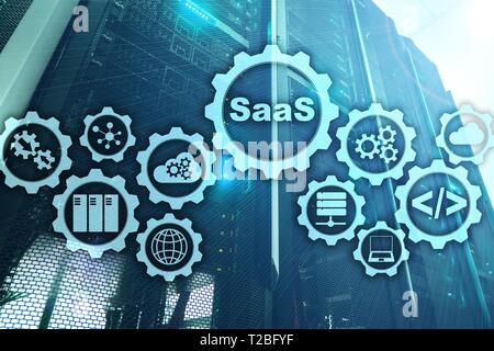 Software as a Service SaaS. Software concept. Modern technology model on a virtual screen server room background. Software On Demand Stock Photo