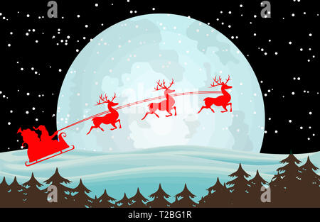 reindeer santa claus sleigh moon snow star illustration Stock Photo