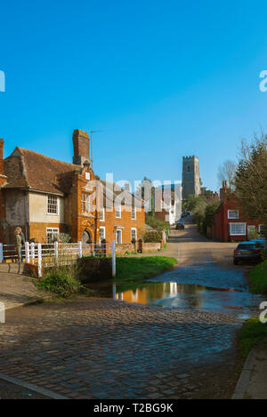 Kersey street Suffolk, view of The Street in the centre of Kersey village, with its famous ford or 'splash' in the foreground, Suffolk, England, UK. Stock Photo