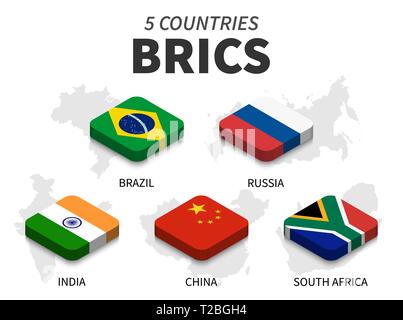 BRICS flag . association of 5 countries and map on white background . Isometric top design . Vector . Stock Vector