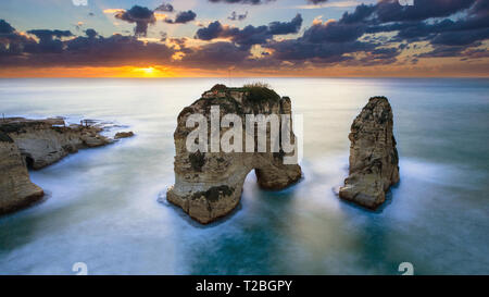 Pigeon rock at sunset, Rawche, Beirut, Lebanon Stock Photo