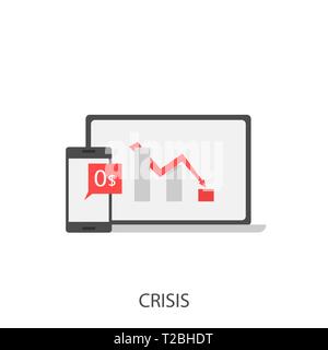 Crisis. Crisis concept, red arrow sign, phone and laptop Vector illustration Stock Vector