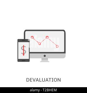 Devaluation. Crisis concept, red arrow sign, phone and laptop Vector illustration Stock Vector