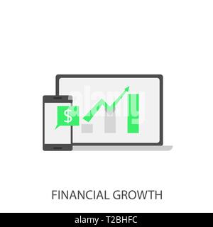 Financial growth. Business success concept, green arrow sign graph, phone and laptop Vector illustration Stock Vector