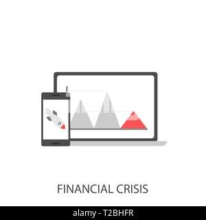 Financial crisis. Business crisis concept, red arrow sign graph, falling rocket, phone and laptop Vector illustration Stock Vector
