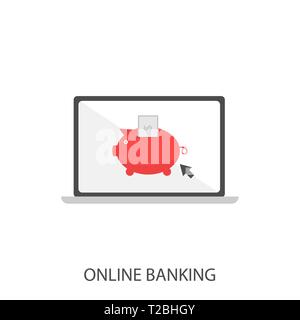 Online banking. Red piggybank with dollar banknote on the laptop screen Vector illustration Stock Vector