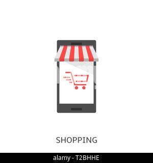 Shopping. Online Shopping, red shopping cart icon on smartphone screen Vector illustration Stock Vector