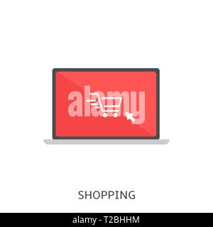 Shopping. Online Shopping, white shopping cart icon on red laptop screen Vector illustration Stock Vector