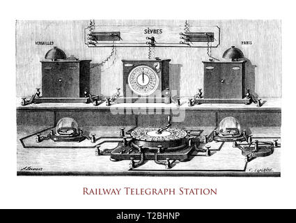 Vintage engraving middle '800: Morse railway telegraph station with dial transmitter and receiver Stock Photo