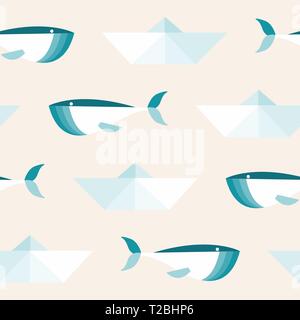 Seamless Pattern: Repeating Whales and Paper Ships. Stock Vector