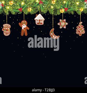 Christmas tree garland with Christmas gingerbread on a black background Stock Vector