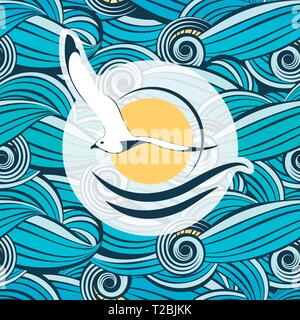 seagull symbol on the background of stylized sea waves Stock Vector