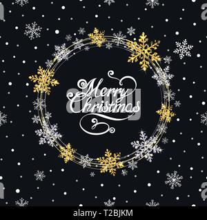 round wreath of gold and silver snowflakes on a black background Stock Vector
