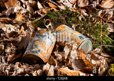 Still life of two rusty empty used tin cans with lid and pull waste on forest floor as an environmental pollution closeup Stock Photo