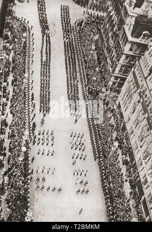 The coronation procession of King George VI and Queen Elizabeth, 12 May 1937, seen here on Bridge Street, Westminster, London, England, taken from Big Ben.  From The Coronation in Pictures, published 1937. Stock Photo