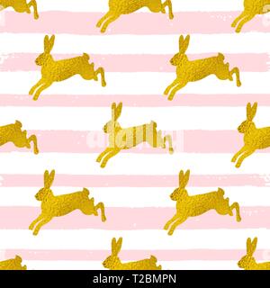 Golden Easter seamless pattern with rabbits on a pink striped background. Vector illustration. Stock Vector