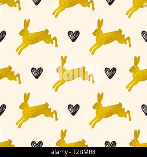 Golden Easter seamless pattern with rabbits and hearts. Vector illustration. Decorative festive background Stock Vector