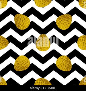 Easter seamless pattern with golden eggs on a black striped background. Vector illustration. Stock Vector