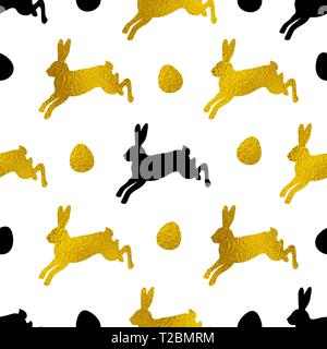 Easter seamless pattern with golden and black rabbits and hearts. Vector illustration. Decorative festive background Stock Vector