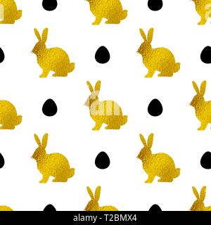 Easter seamless pattern with golden rabbits and eggs on a white background. Vector illustration. Stock Vector