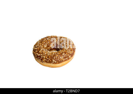 Chocolate and hazelnut doughnut isolated on white background, no shadow Stock Photo