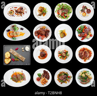 Set of main meat dishes isolated on black background Stock Photo