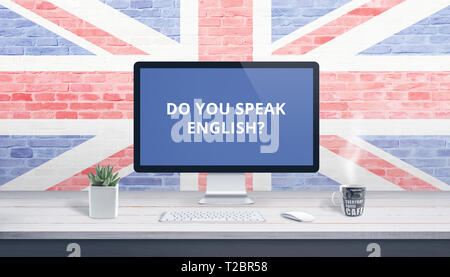 Do you speak English on computer display with a flag of Great Britain in the background. Online lessons concept. Stock Photo