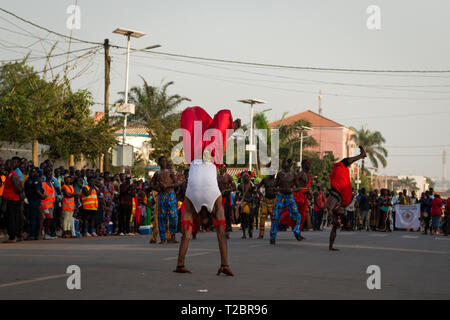 Bissau, Republic of Guinea-Bissau - February 12, 2018: Group of boys performing during the Carnival Celebrations in the city of Bisssau. Stock Photo