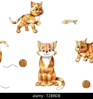 Kids seamless pattern with cute sitting colorful cats. Thoughtful doodle orange kittens isolated on white background. Texture for textile, wrapping pa Stock Vector