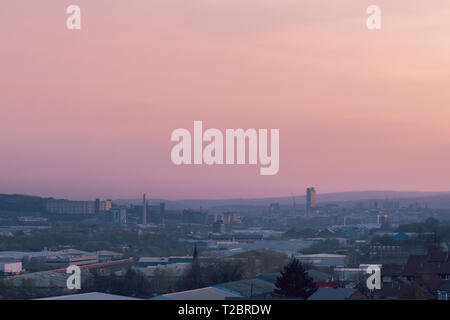 Aerial view of Sheffield city during a lovely pink spring sunset in March 2019 Stock Photo