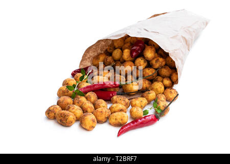 Crispy  chilli peanuts snacks paper bag isolated on white Stock Photo