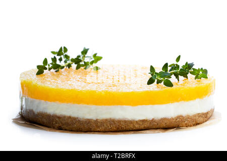 Healthy  layered pineapple cheese cake isolated on white Stock Photo