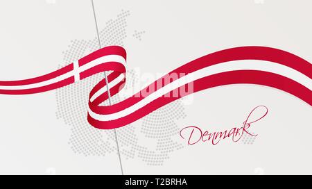 Vector illustration of abstract radial dotted halftone map of Denmark and wavy ribbon with Danish national flag colors for your design Stock Vector