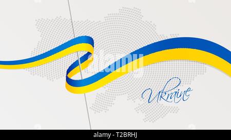 Vector illustration of abstract radial dotted halftone map of Ukraine and wavy ribbon with Ukrainian national flag colors for your design Stock Vector