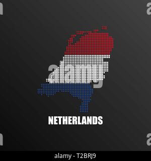 Vector illustration of abstract halftone map of the Netherlands made of square pixels with national flag colors for your design Stock Vector