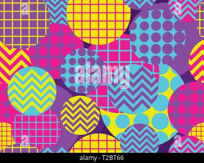 Seamless pattern with circles 1980s style. Retrowave. Geometric elements memphis. Vector illustration Stock Vector