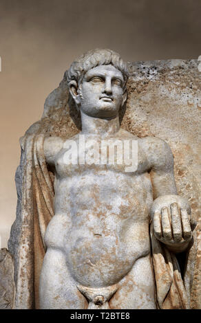 Detail of a Roman Sebasteion relief  sculpture of Emperor Nero with captive, Aphrodisias Museum, Aphrodisias, Turkey.  Against an art background.  Nak Stock Photo