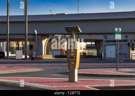 Dubai, United Arab Emirates; 1 April 2019; Terminal (working on solar batteries) in an empty paid parking area Stock Photo