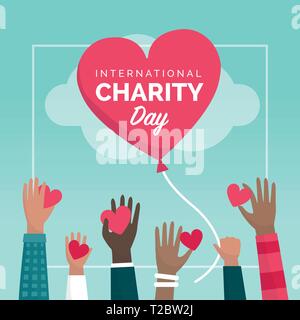 International charity day holiday social media post with people giving hearts and donations, support and funding concept Stock Vector