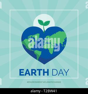 Earth day and environmental protection social media post and card, heart shaped earth with sprout Stock Vector