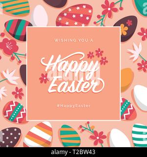 Happy Easter wishes card and social media post with eggs and colorful flowers Stock Vector