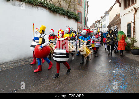 Heuberg, Basel, Switzerland - March 11th, 2019. Close-up of a carnival marching group in colorful costumes Stock Photo