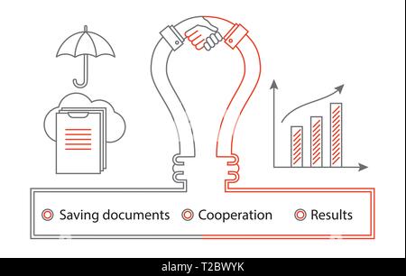 Logistics thin line icons. Business concept with lamp and handhsake. Saving documenis in cloud services and results Stock Vector