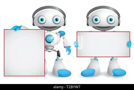 Robot vector characters set. Friendly and funny android robots holding empty blank whiteboard for presentation isolated in white background. Vector Stock Vector