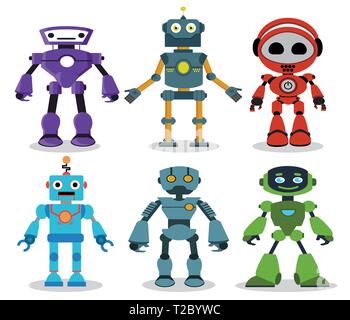 Robot Toys Vector Characters Set. Colorful Kids Robots Elements