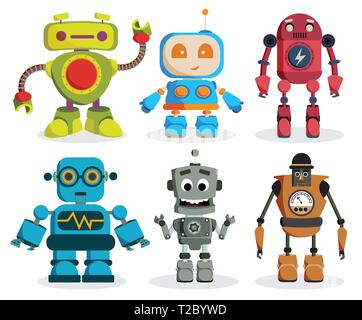 Robot toys vector characters set. Colorful kids robots elements with friendly faces isolated in white background. Vector illustration. Stock Vector