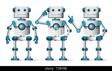 Robot characters vector set. Robotic mascot in white standing with different hand gestures for technology design element. Vector illustration. Stock Vector