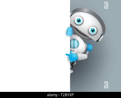 cute robot cyborg pointing at empty blank white board modern robotic ...