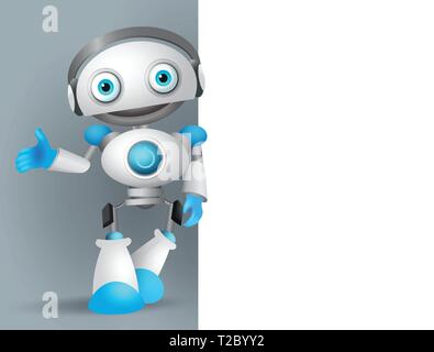 White robot vector character standing while speaking with while empty blank board for text and information for design presentation. Vector Stock Vector